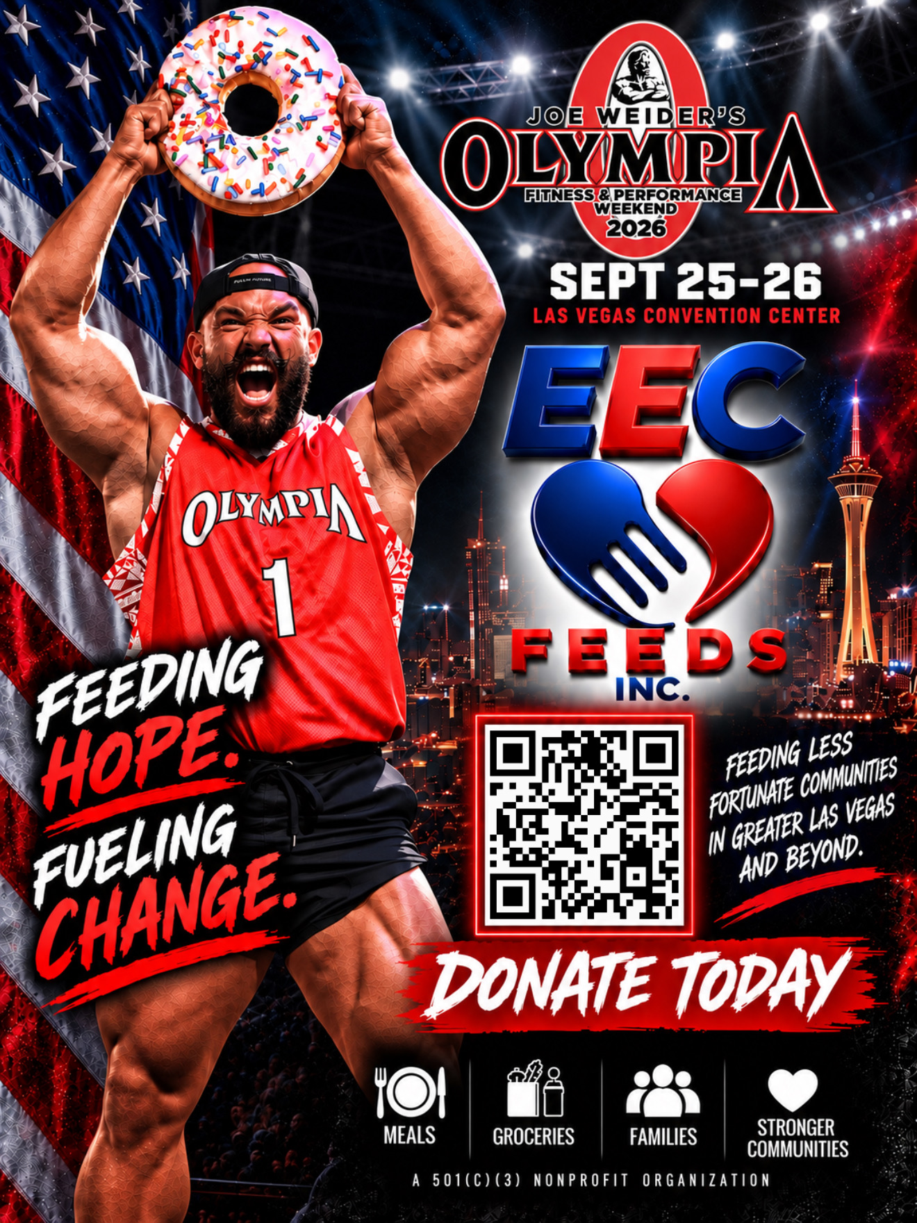 EEC FEEDS Inc promo poster for Olympia Fitness & Performance Weekend, September 25-26 at the Las Vegas Convention Center, with the Feeding Hope. Fueling Change. slogan and a donate call to action