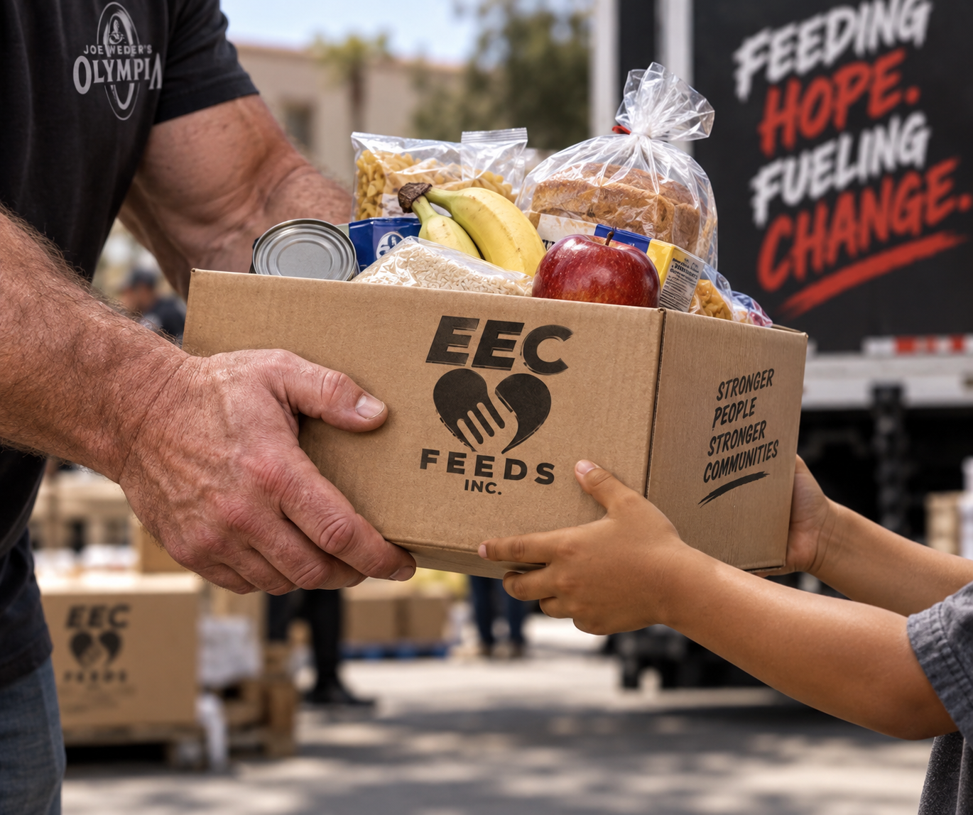 An EEC FEEDS volunteer handing a box of groceries to a child, with the Feeding Hope. Fueling Change. slogan in the background