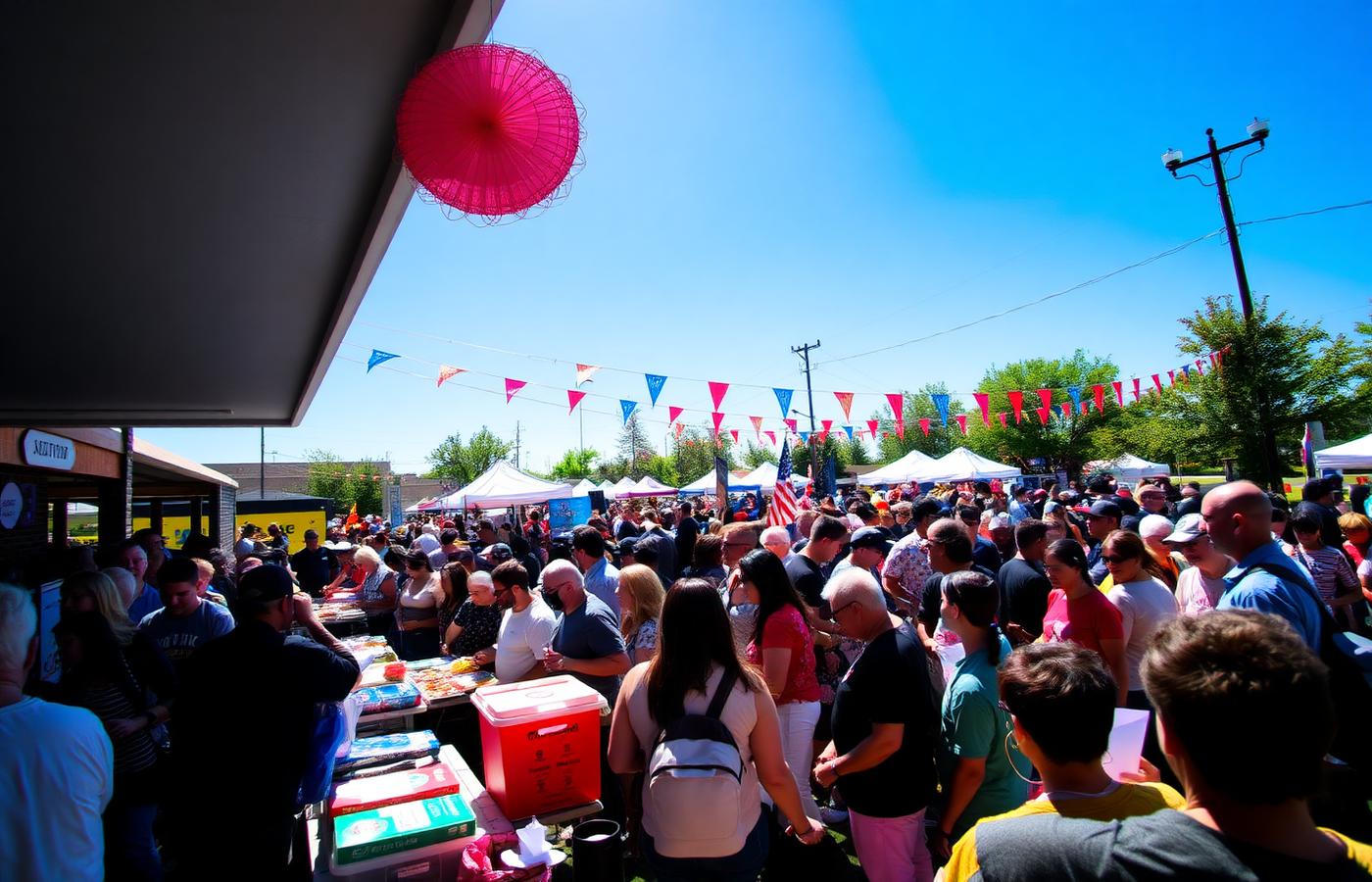 Crowd gathered at a lively outdoor community event with food tables and donation bins